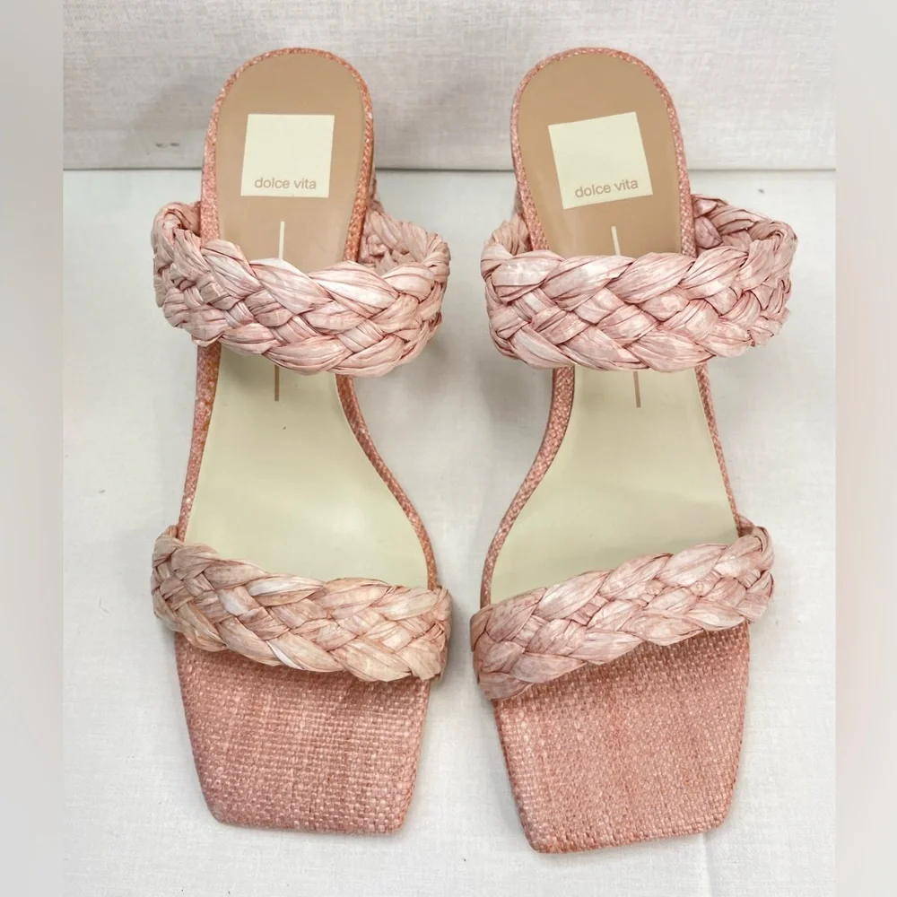 DOLCE VITA Paily Pink Raffia Straw Block Sandal Heels 9.5 ( G‎ 115)